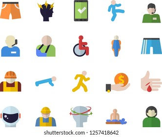 Color flat icon set builder flat vector, construction worker, investments, telephone operator, disabled, massage, injury, headache, phone, astronaut helmet fector, athletic shorts, gymnastics, run