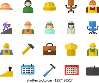 Color flat icon set builder flat vector, hard hat, hammer, cook, construction worker, calendar, nurse, briefcase, office chair, career ladder, user, case