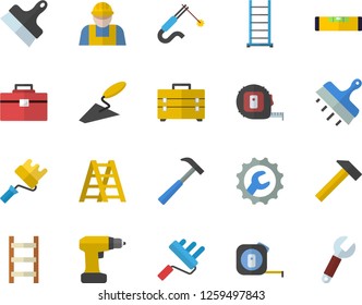 Color flat icon set builder flat vector, trowel, drill screwdriver, tape measure, tool bag, ladder, paint roller, level meter, repair, putty knife, hammer, welding, wrench