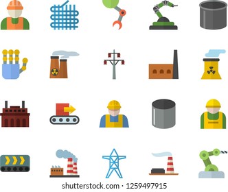 Color flat icon set builder flat vector, factory, power line support, manufactory, plant, conveyor, construction worker, fabric manufacture, pipe production, robotics, robot hand, nuclear