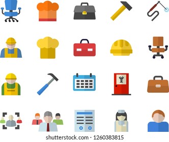 Color flat icon set builder flat vector, hard hat, hammer, cook, construction worker, welding, team, calendar, briefcase, nurse, recruitment, office chair, contract, doctor's fector, user