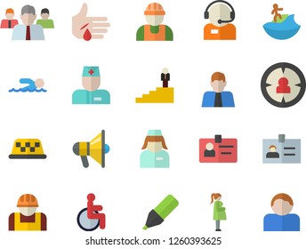 Color flat icon set builder flat vector, construction worker, person, target audience, marker, team, telephone operator, disabled, physician, injury, gestation, nurse, badge, career ladder, swimming