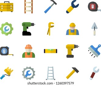 Color flat icon set builder flat vector, trowel, tool, drill screwdriver, tape measure, bag, paint roller, level meter, repair, putty knife, hammer, ladder, wrench