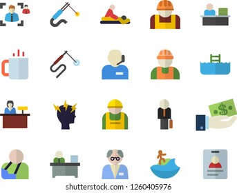 Color flat icon set builder flat vector, tea, construction worker, welding, investments, massage, injury, headache, recruitment, phone operator, office, businessman, scientist, surfing fector, pool