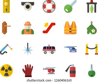 Color flat icon set builder flat vector, door lock, potholder, gloves, radiation, laser, welding, ambulance, helicopter, VIP area fector, escalator, control gate, surveillance camera, key, life vest
