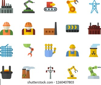 Color flat icon set builder flat vector, power line support, manufactory, plant, conveyor, construction worker, fabric manufacture, robotics, metallurgy, robot hand, nuclear, industrial