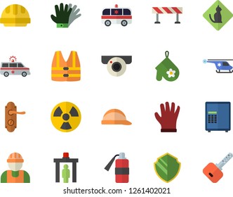 Color flat icon set builder flat vector, door lock, hard hat, barrier, potholder, gloves, radiation, ambulance, helicopter, control gate fector, pets allowed, surveillance camera, security, safe
