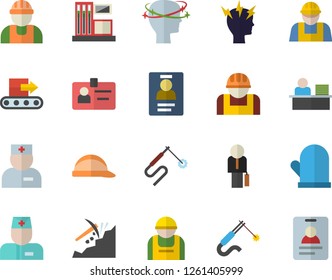 Color flat icon set builder flat vector, hard hat, potholder, gas station, conveyor, construction worker, welding, mining, physician, headache, badge, office, businessman