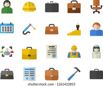 Color flat icon set builder flat vector, hard hat, hammer, welding, case, calendar, briefcase, nurse, recruitment, office chair, contract, career ladder, user