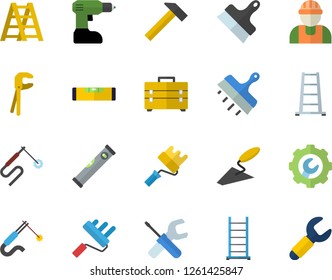 Color flat icon set builder flat vector, trowel, tool, drill screwdriver, bag, ladder, paint roller, level meter, repair, putty knife, hammer, welding, wrench