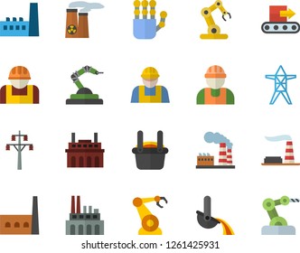 Color flat icon set builder flat vector, factory, power line support, manufactory, plant, conveyor, construction worker, robotics, metallurgy, robot hand, nuclear, industrial
