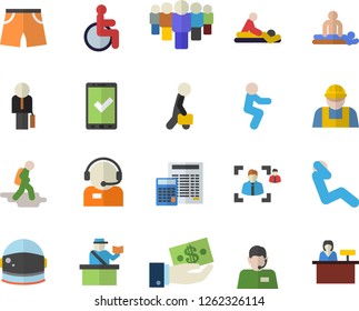 Color flat icon set builder flat vector, calculator, investments, team, telephone operator, disabled, massage, recruitment, businessman, astronaut helmet fector, athletic shorts, squats, swing press