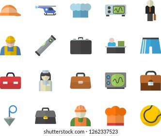 Color flat icon set builder flat vector, level meter, hard hat, construction plummet, cook, case, briefcase, helicopter, nurse, office worker, businessman, oscilloscope, athletic shorts, tennis ball