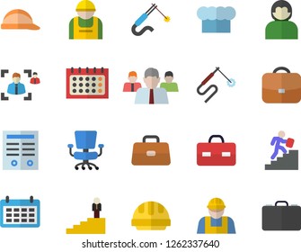 Color flat icon set builder flat vector, hard hat, cook, construction worker, welding, team, calendar, briefcase, recruitment, office chair, contract, career ladder, user, case