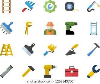 Color flat icon set builder flat vector, trowel, tool, drill screwdriver, tape measure, bag, ladder, paint roller, level meter, repair, putty knife, hammer, welding, wrench