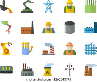 Color flat icon set builder flat vector, factory, power line support, manufactory, plant, conveyor, construction worker, fabric manufacture, pipe production, robotics, metallurgy, robot hand