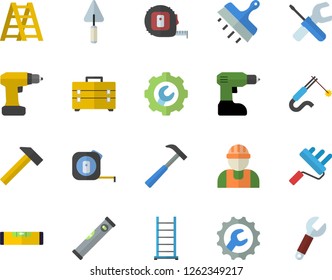 Color flat icon set builder flat vector, trowel, tool, drill screwdriver, tape measure, bag, ladder, paint roller, level meter, repair, putty knife, hammer, welding, wrench