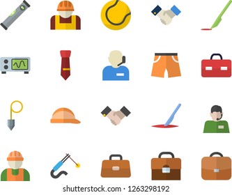 Color flat icon set builder flat vector, level meter, hard hat, construction plummet, worker, welding, telephone operator, briefcase, scalpel, phone, tie, agreement, oscilloscope, athletic shorts