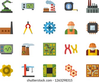 Color flat icon set builder flat vector, cogwheel, tape measure, factory, manufactory, plant, construction worker, crane, motherboard, robotics, dividers, chromosomes, nuclear power, oscilloscope