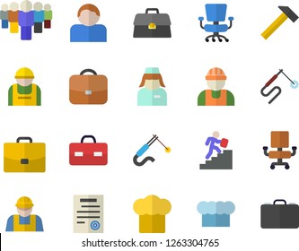 Color flat icon set builder flat vector, hammer, cook hat, construction worker, welding, case, team, briefcase, nurse, office chair, contract, career ladder, user