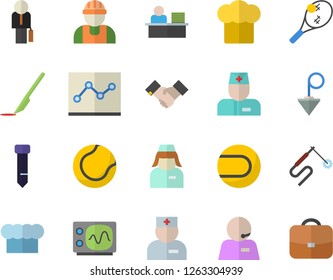 Color flat icon set builder flat vector, construction plummet, cook hat, welding, physician, nurse, scalpel, phone operator, office worker, point diagram, tie, agreement, businessman, oscilloscope