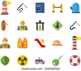 Color flat icon set builder flat vector, door lock, hard hat, potholder, radiation, welding, lighthouse, ambulance, VIP area fector, escalator, control gate, pets allowed, security, safe, key