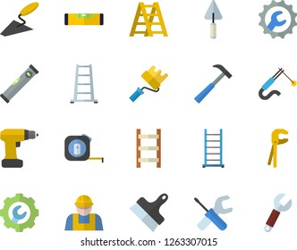 Color flat icon set builder flat vector, trowel, tool, drill screwdriver, tape measure, ladder, paint roller, level meter, repair, putty knife, hammer, welding, wrench