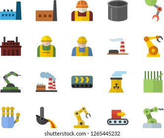 Color flat icon set builder flat vector, factory, manufactory, plant, conveyor, construction worker, fabric manufacture, pipe production, robotics, metallurgy, robot hand, nuclear power, industrial
