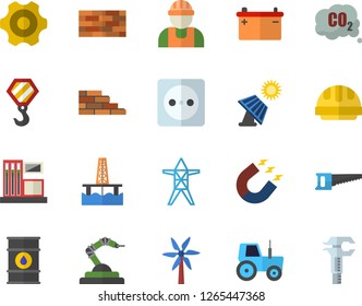 Color flat icon set builder flat vector, brick wall, hook, cogwheel, hard hat, windmill, tractor, saw, oil production platform, solar battery, gas station, tanks, accumulator, socket, carbon dioxide