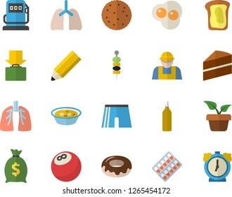 Color flat icon set builder flat vector, cake, biscuit, donut, soup, scrambled eggs, canape, mustard, sandwich, home plant, refueling, wealth, pill packaging, lungs, pencil, bowling ball