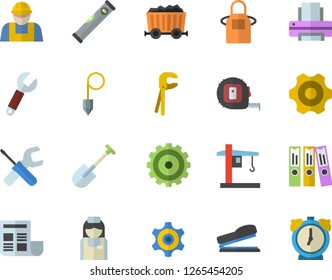 Color flat icon set builder flat vector, cogwheel, tool, tape measure, level meter, construction plummet, apron, shovel, crane, wrench, mining, nurse, document, folder, printer, stapler, alarm clock