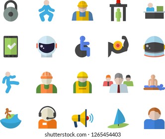 Color flat icon set builder flat vector, construction worker, team, telephone operator, disabled, massage, office, astronaut helmet fector, weight, muscles, gymnastics, control gate, check in, user