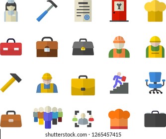 Color flat icon set builder flat vector, hammer, cook hat, construction worker, case, team, briefcase, nurse, recruitment, office chair, contract, career ladder, doctor's fector