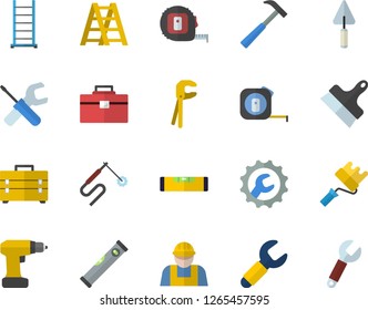 Color flat icon set builder flat vector, trowel, tool, drill screwdriver, tape measure, bag, ladder, paint roller, level meter, repair, putty knife, hammer, welding, wrench