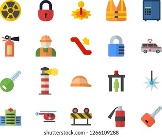Color flat icon set builder flat vector, hard hat, barrier, radiation, laser, lighthouse, ambulance, helicopter, escalator fector, control gate, hospital, safe, key, life vest, fire extinguisher