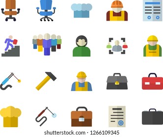 Color flat icon set builder flat vector, hammer, cook hat, construction worker, welding, team, briefcase, recruitment, office chair, contract, career ladder, user, case