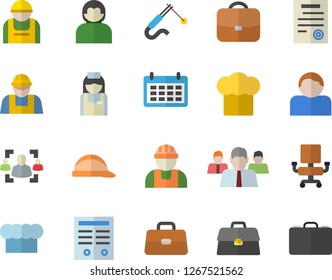 Color flat icon set builder flat vector, hard hat, cook, construction worker, welding, team, calendar, briefcase, nurse, recruitment, office chair, contract, user, case