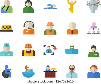 Color flat icon set builder flat vector, construction worker, person, telephone operator, disabled, physician, injury, headache, recruitment, hierarchy, scientist, swimming, gymnastics, pool, taxi