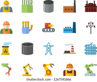 Color flat icon set builder flat vector, factory, power line support, manufactory, plant, conveyor, construction worker, fabric manufacture, pipe production, robotics, robot hand, nuclear