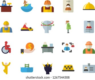 Color flat icon set builder flat vector, dish, construction worker, investments, disabled, massage, headache, gestation, recruitment, office, gymnastics, indentity card fector, surfing, pool, taxi