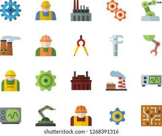 Color flat icon set builder flat vector, factory, plant, cogwheel, construction worker, robotics, dividers, trammel, robot hand, nuclear power, oscilloscope, industrial, electronic circuit