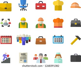 Color flat icon set builder flat vector, hard hat, hammer, cook, construction worker, case, team, calendar, briefcase, nurse, recruitment, office chair, contract, career ladder