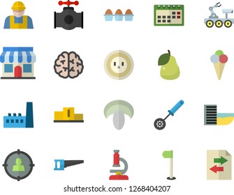 Color flat icon set builder flat vector, kitchen spoon, egg, mushroom, ice cream, pear, saw, main pipeline, socket, manufactory, store front, target audience, calendar, microscope, lunar rover