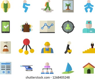 Color flat icon set builder flat vector, hierarchy, target audience, physician, helicopter, point diagram, meeting, contract, businessman, career ladder, gymnastics, squats, lose weight, hike, photo