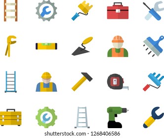 Color flat icon set builder flat vector, trowel, tool, drill screwdriver, tape measure, bag, ladder, paint roller, level meter, repair, putty knife, hammer, wrench