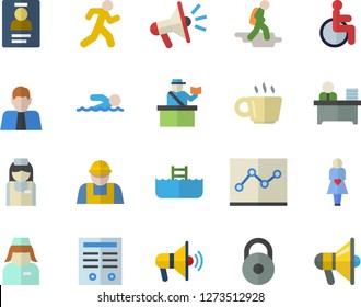 Color flat icon set builder flat vector, person, mouthpiece, disabled, gestation, nurse, coffee, badge, office worker, point diagram, contract, weight, swimming, run, hike fector, passport control