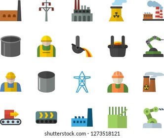 Color flat icon set builder flat vector, factory, power line support, manufactory, plant, conveyor, construction worker, fabric manufacture, pipe production, robotics, metallurgy, nuclear