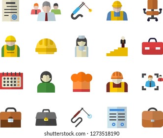 Color flat icon set builder flat vector, hard hat, cook, construction worker, welding, team, calendar, briefcase, nurse, recruitment, office chair, contract, career ladder, user