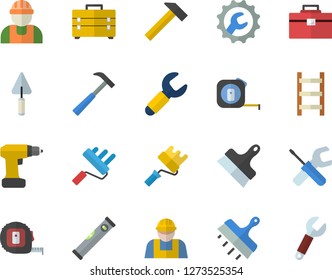 Color flat icon set builder flat vector, trowel, tool, drill screwdriver, tape measure, bag, paint roller, level meter, repair, putty knife, hammer, ladder, wrench