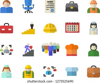 Color flat icon set builder flat vector, hard hat, cook, construction worker, team, calendar, briefcase, nurse, recruitment, office chair, contract, career ladder, user